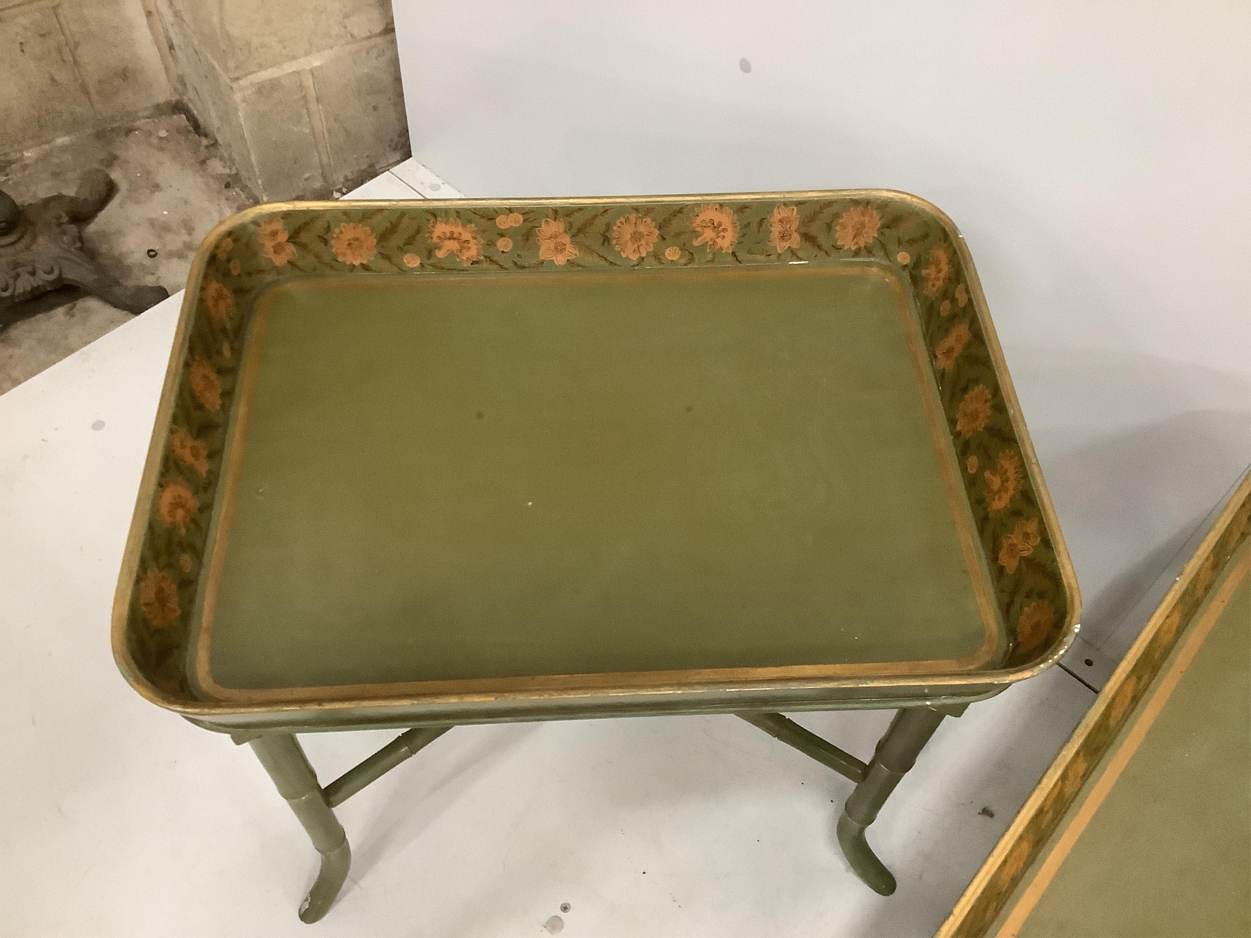 A set of three Regency style painted faux bamboo tray top occasional tables, largest width 126cm, depth 60cm, height 47cm. Condition - good